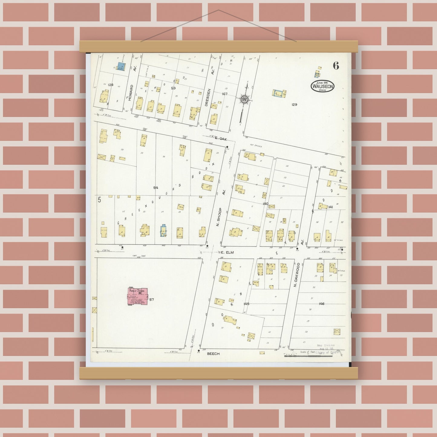 Old map wall art mockup — magnetic wood frame on brick wall — Sanborn Fire Insurance Map from Wauseon, Fulton County, Ohio (1916), Sheet #0006