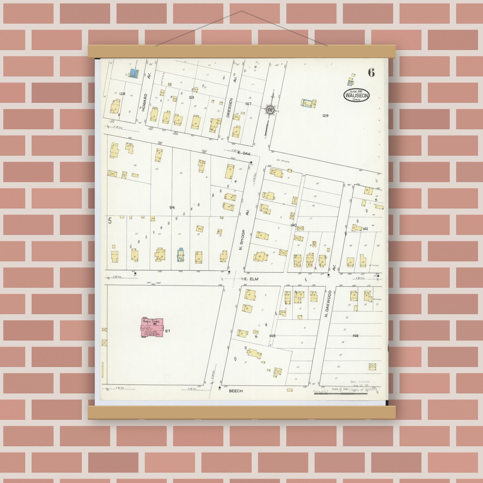 Old map wall art mockup — magnetic wood frame on brick wall — Sanborn Fire Insurance Map from Wauseon, Fulton County, Ohio (1916), Sheet #0006