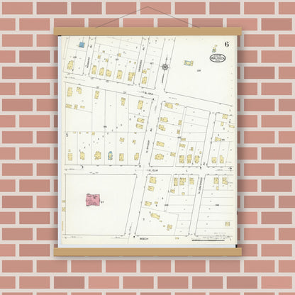 Old map wall art mockup — magnetic wood frame on brick wall — Sanborn Fire Insurance Map from Wauseon, Fulton County, Ohio (1916), Sheet #0006