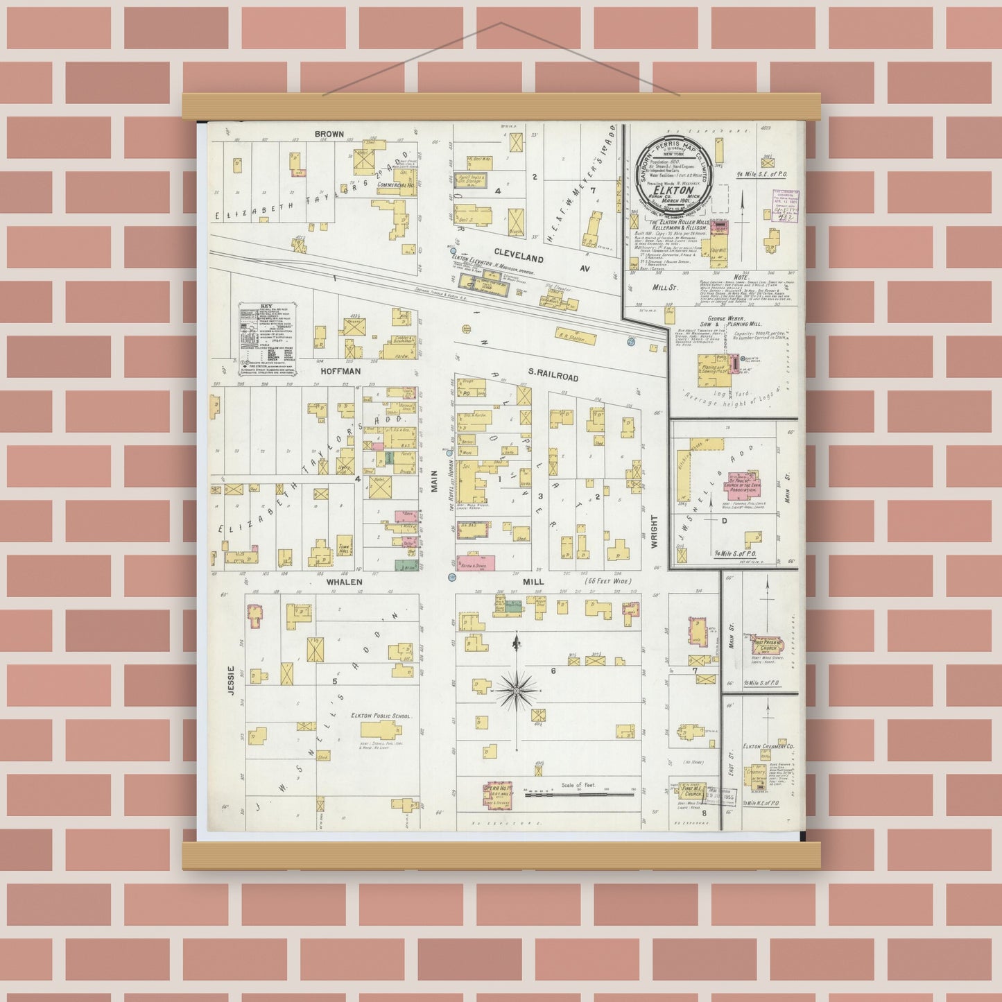 Old map wall art mockup — magnetic wood frame on brick wall — Sanborn Fire Insurance Map from Elkton, Huron County, Michigan (1901), Sheet #0001
