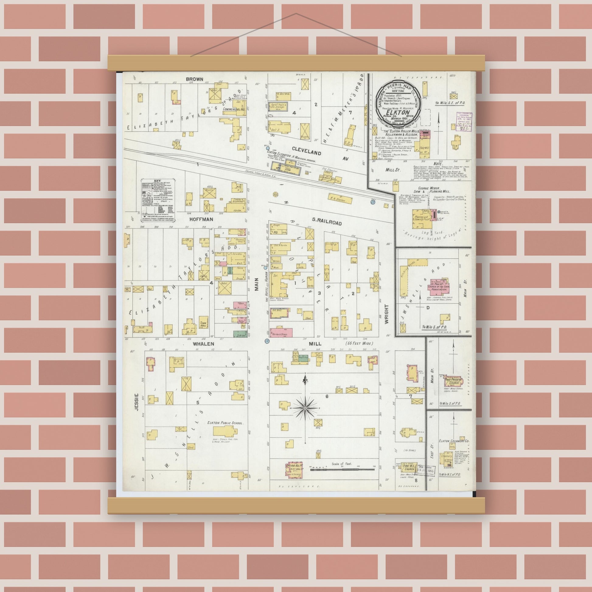 Old map wall art mockup — magnetic wood frame on brick wall — Sanborn Fire Insurance Map from Elkton, Huron County, Michigan (1901), Sheet #0001