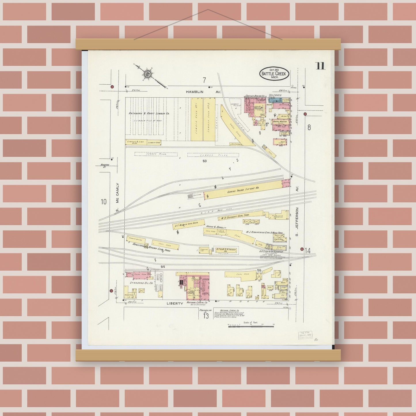 Old map wall art mockup — magnetic wood frame on brick wall — Sanborn Fire Insurance Map from Battle Creek, Calhoun County, Michigan (1913), Sheet #0011