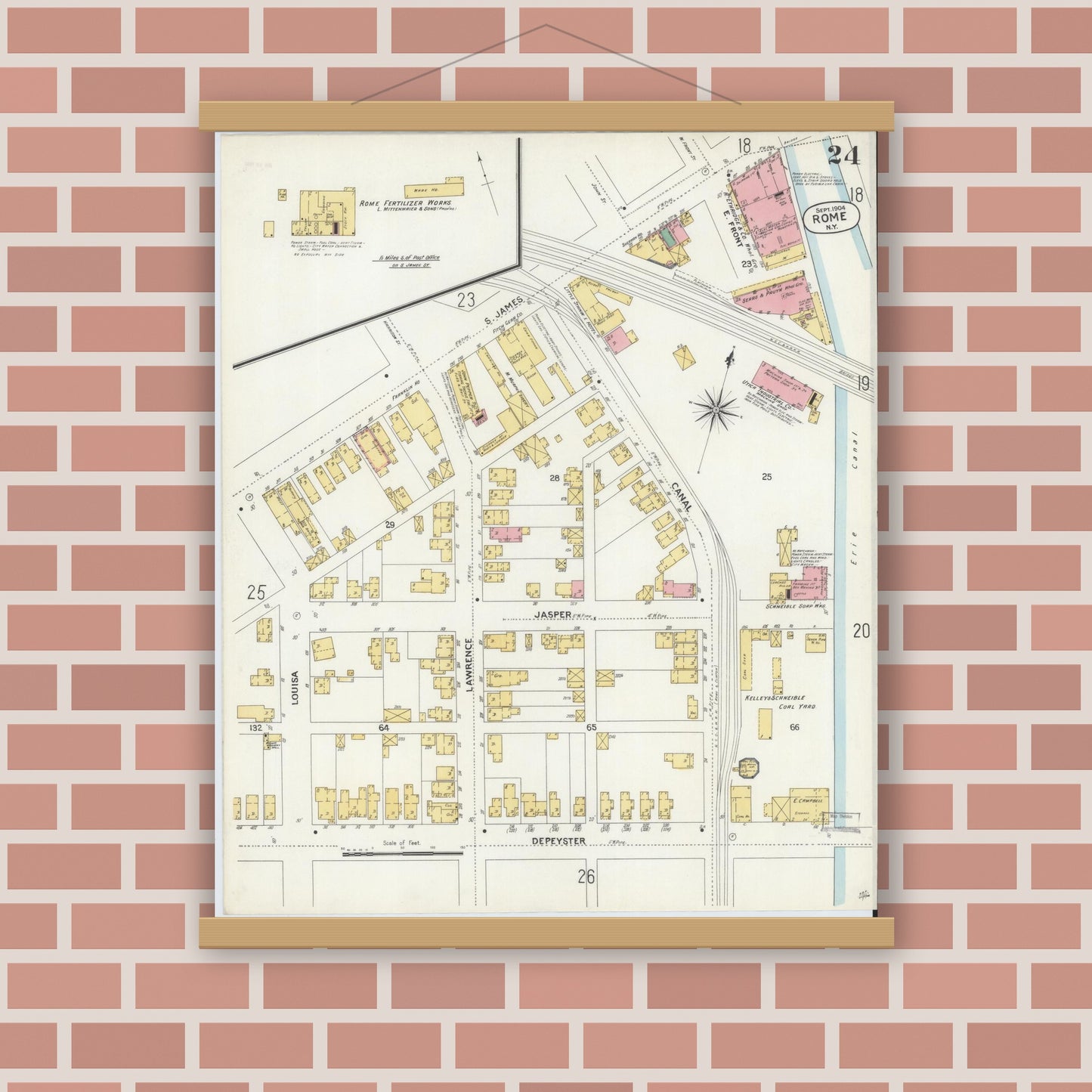 Old map wall art mockup — magnetic wood frame on brick wall — Sanborn Fire Insurance Map from Rome, Oneida County, New York (1904), Sheet #0024