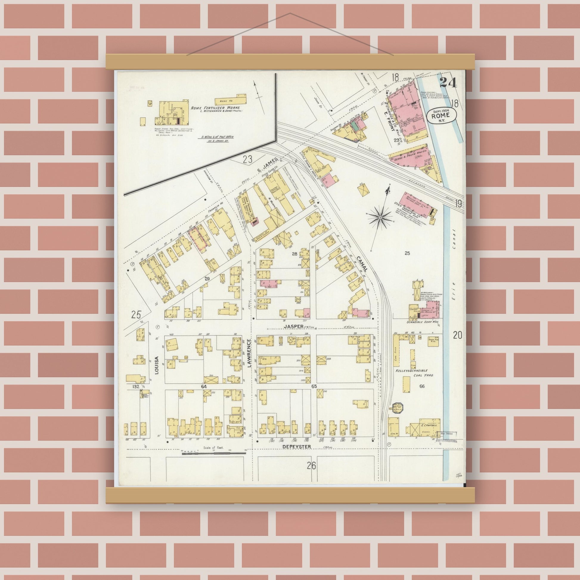 Old map wall art mockup — magnetic wood frame on brick wall — Sanborn Fire Insurance Map from Rome, Oneida County, New York (1904), Sheet #0024