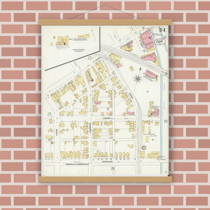 Old map wall art mockup — magnetic wood frame on brick wall — Sanborn Fire Insurance Map from Rome, Oneida County, New York (1904), Sheet #0024