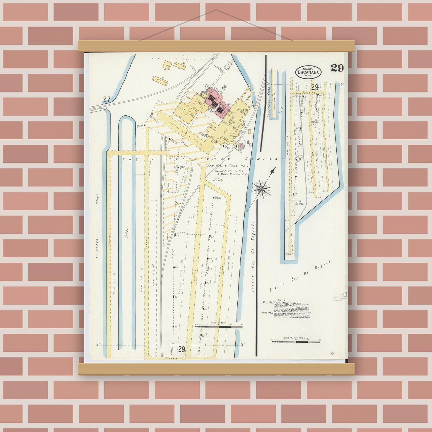 Old map wall art mockup — magnetic wood frame on brick wall — Sanborn Fire Insurance Map from Escanaba, Delta County, Michigan (1906), Sheet #0029