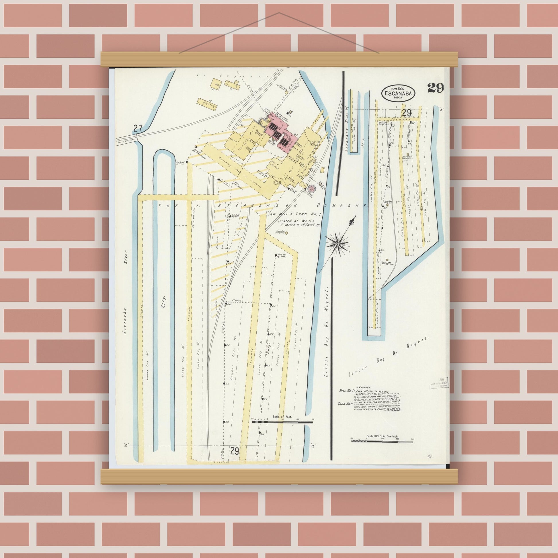 Old map wall art mockup — magnetic wood frame on brick wall — Sanborn Fire Insurance Map from Escanaba, Delta County, Michigan (1906), Sheet #0029