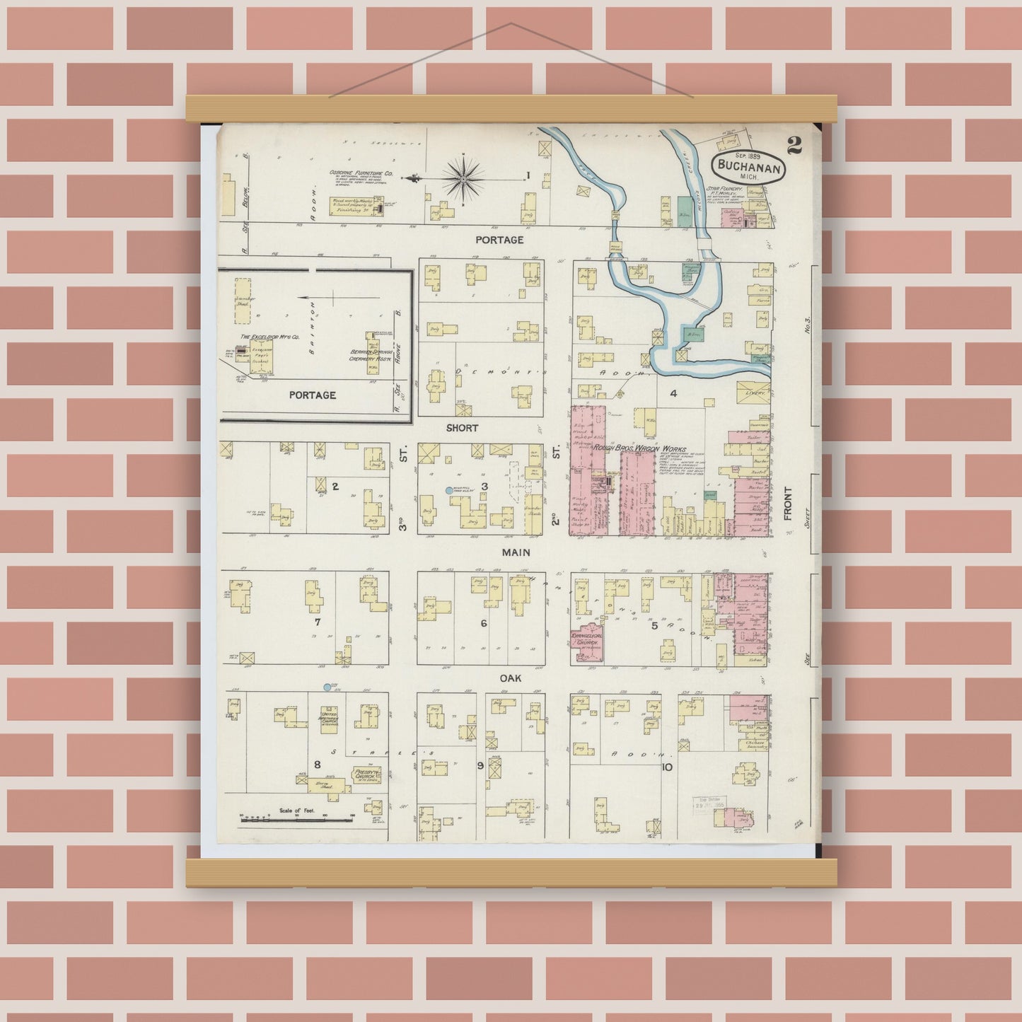 Old map wall art mockup — magnetic wood frame on brick wall — Sanborn Fire Insurance Map from Buchanan, Berrien County, Michigan (1889), Sheet #0002