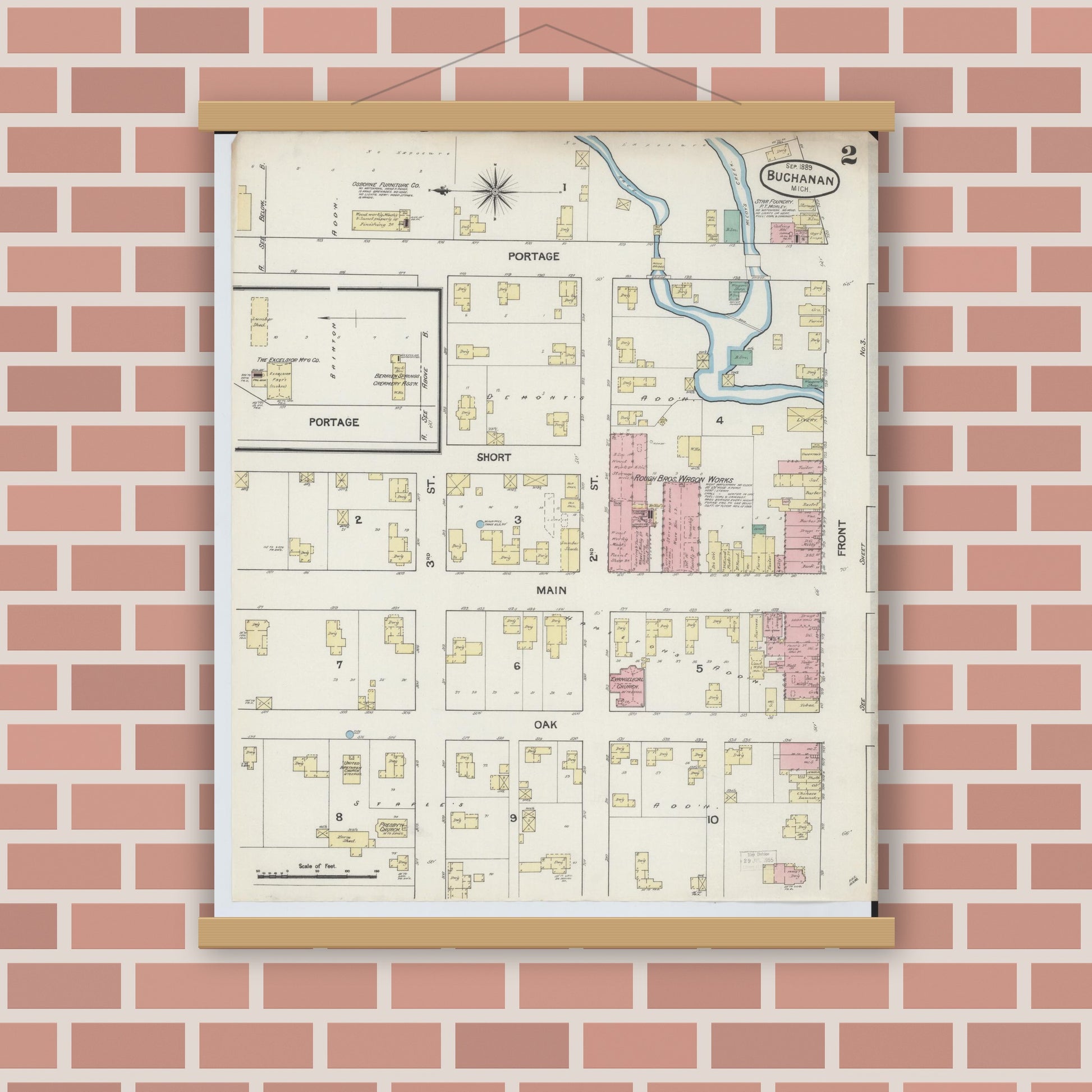 Old map wall art mockup — magnetic wood frame on brick wall — Sanborn Fire Insurance Map from Buchanan, Berrien County, Michigan (1889), Sheet #0002