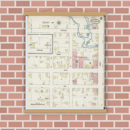 Old map wall art mockup — magnetic wood frame on brick wall — Sanborn Fire Insurance Map from Buchanan, Berrien County, Michigan (1889), Sheet #0002