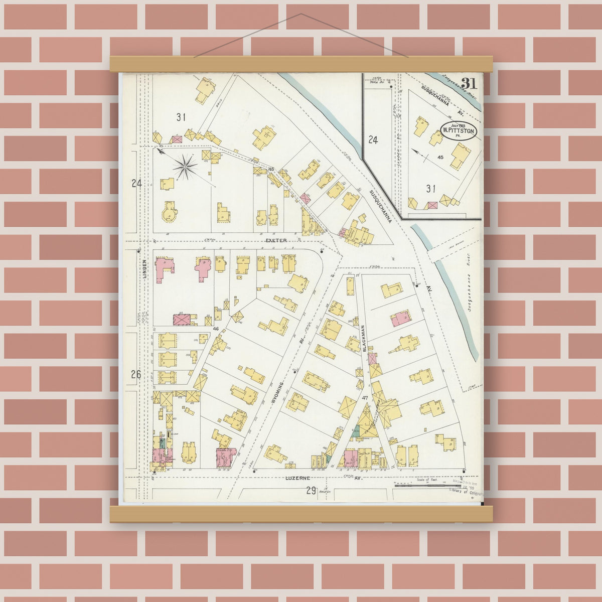 Old map wall art mockup — magnetic wood frame on brick wall — Sanborn Fire Insurance Map from Pittston, Luzerne County, Pennsylvania (1903), Sheet #0031