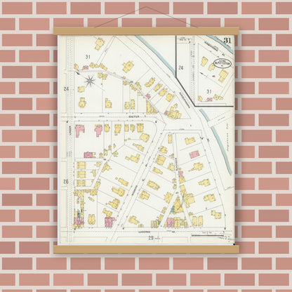Old map wall art mockup — magnetic wood frame on brick wall — Sanborn Fire Insurance Map from Pittston, Luzerne County, Pennsylvania (1903), Sheet #0031