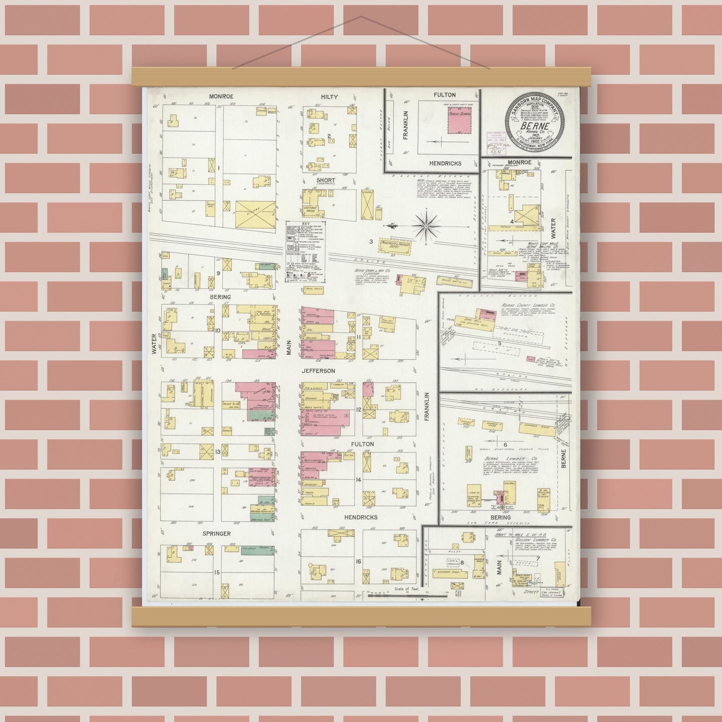 Old map wall art mockup — magnetic wood frame on brick wall — Sanborn Fire Insurance Map from Berne, Adams County, Indiana (1902), Sheet #0001