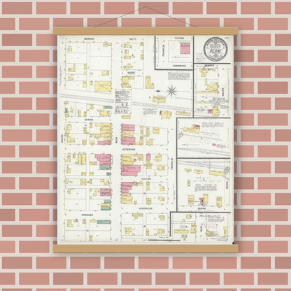 Old map wall art mockup — magnetic wood frame on brick wall — Sanborn Fire Insurance Map from Berne, Adams County, Indiana (1902), Sheet #0001