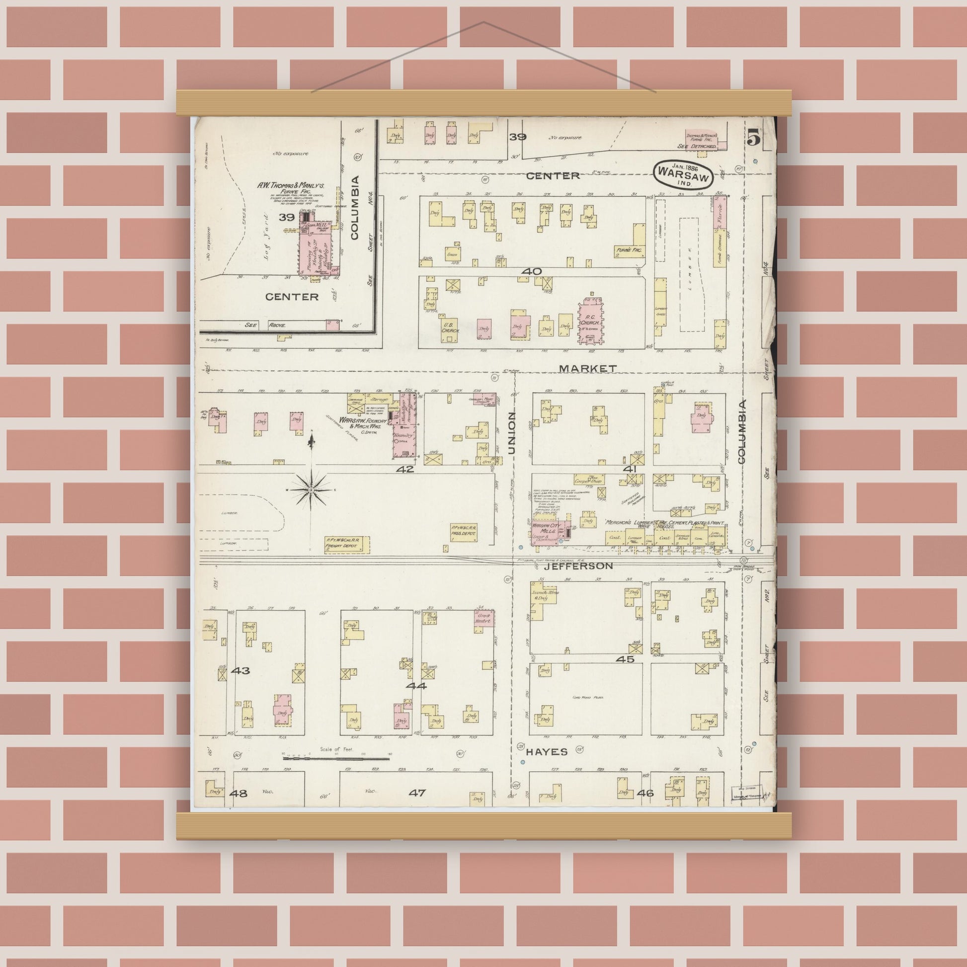 Old map wall art mockup — magnetic wood frame on brick wall — Sanborn Fire Insurance Map from Warsaw, Kosciusko County, Indiana (1886), Sheet #0005