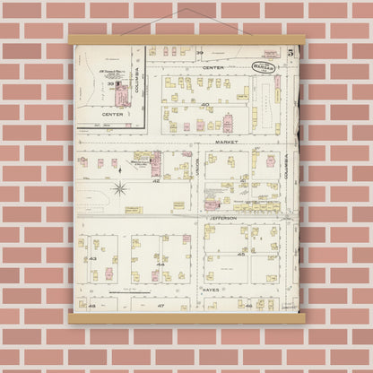 Old map wall art mockup — magnetic wood frame on brick wall — Sanborn Fire Insurance Map from Warsaw, Kosciusko County, Indiana (1886), Sheet #0005
