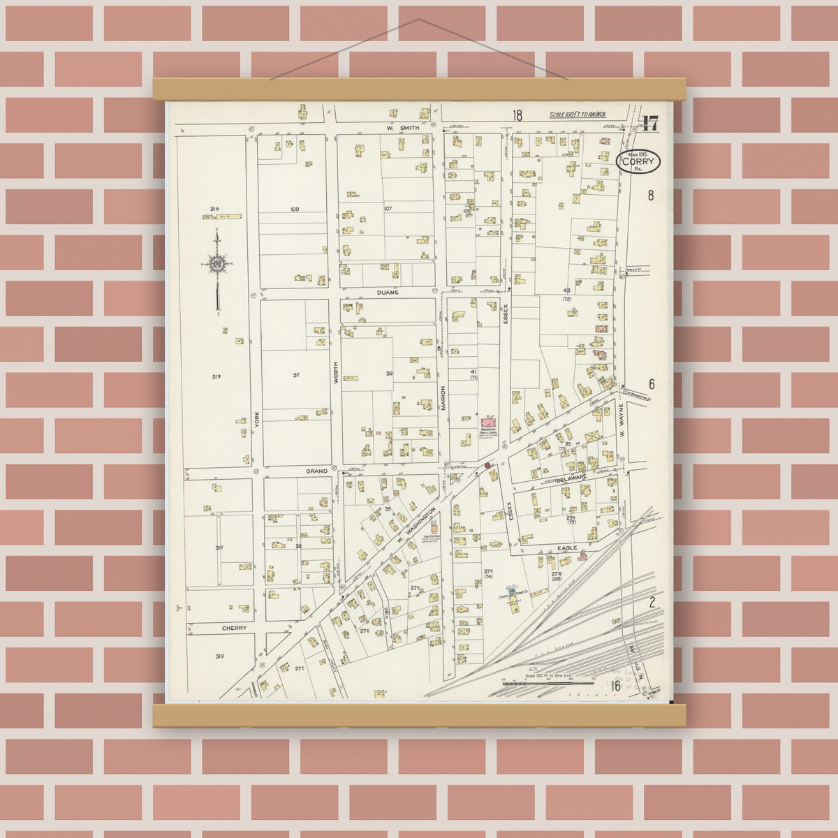 Old map wall art mockup — magnetic wood frame on brick wall — Sanborn Fire Insurance Map from Corry, Erie County, Pennsylvania (1915), Sheet #0017