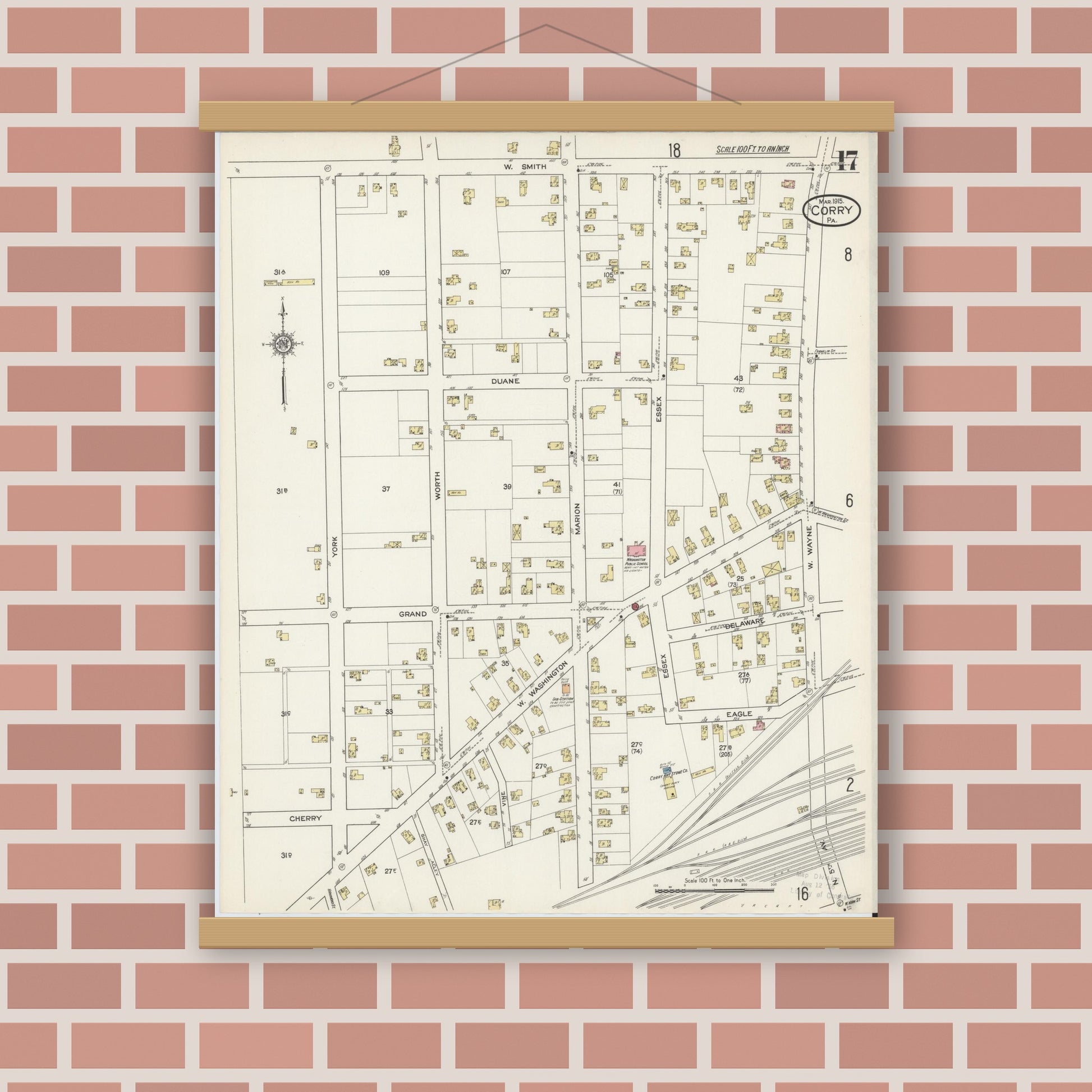 Old map wall art mockup — magnetic wood frame on brick wall — Sanborn Fire Insurance Map from Corry, Erie County, Pennsylvania (1915), Sheet #0017