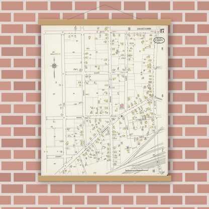 Old map wall art mockup — magnetic wood frame on brick wall — Sanborn Fire Insurance Map from Corry, Erie County, Pennsylvania (1915), Sheet #0017
