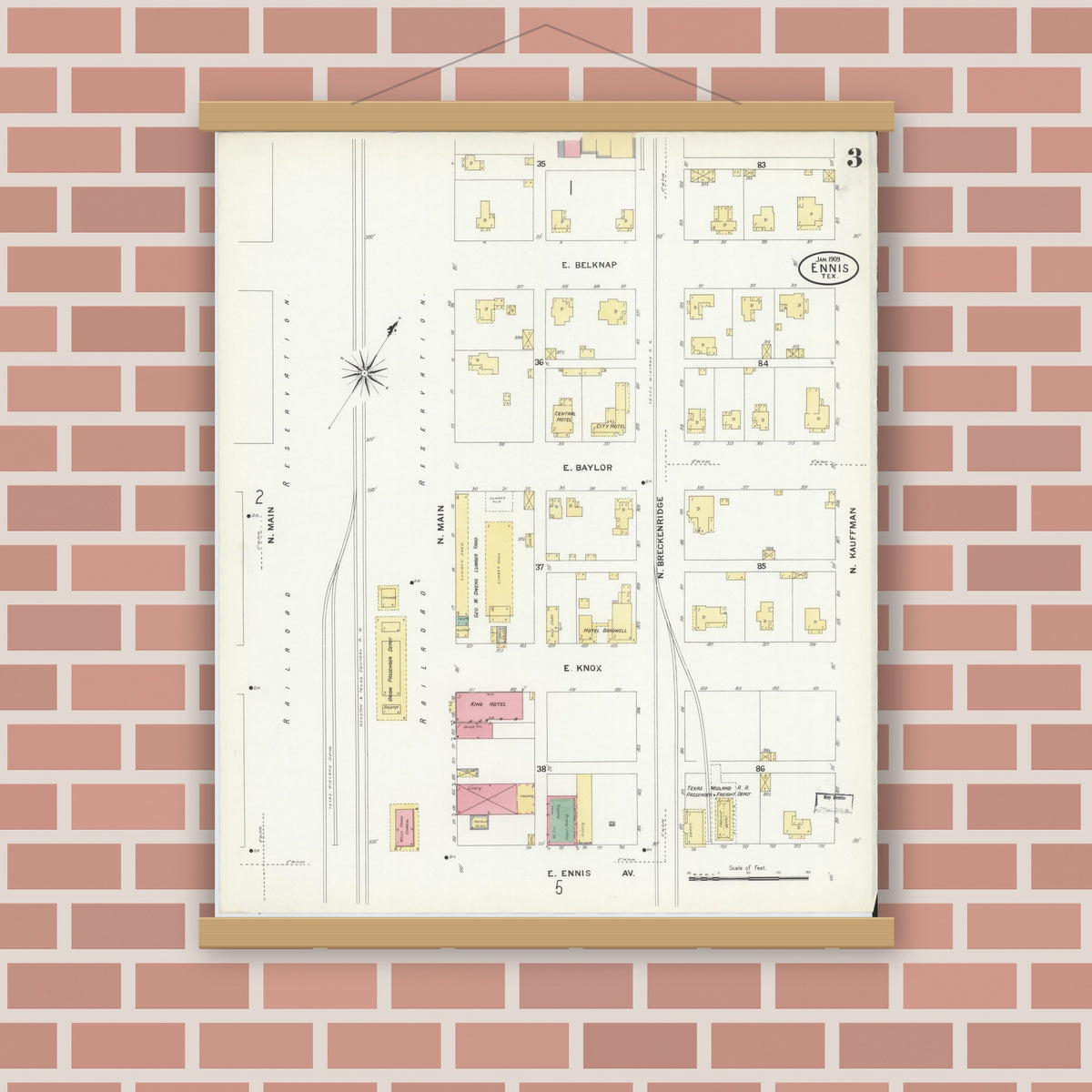 Old map wall art mockup — magnetic wood frame on brick wall — Sanborn Fire Insurance Map from Ennis, Ellis County, Texas (1909), Sheet #0003