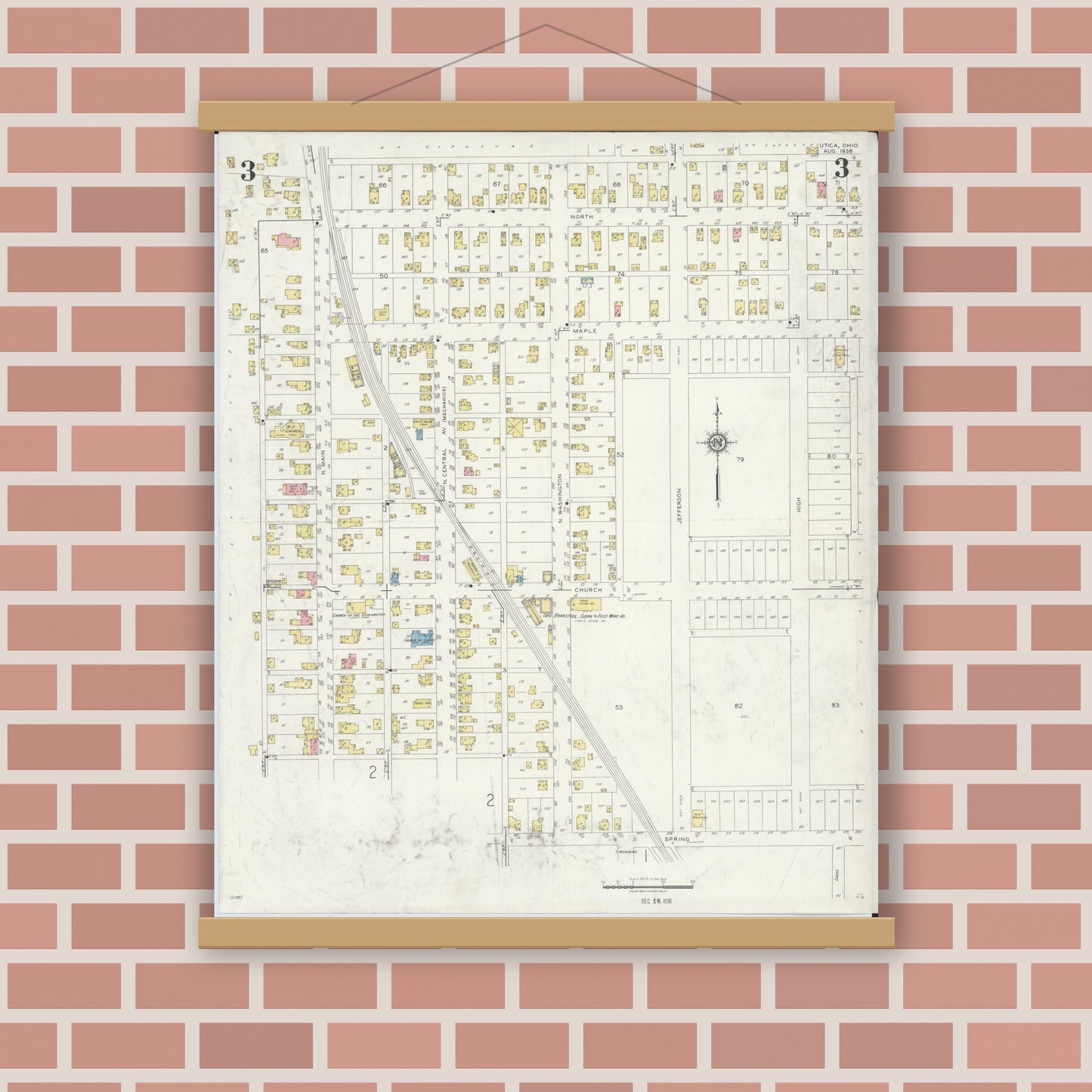 Old map wall art mockup — magnetic wood frame on brick wall — Sanborn Fire Insurance Map from Utica, Licking County, Ohio (1936), Sheet #0003