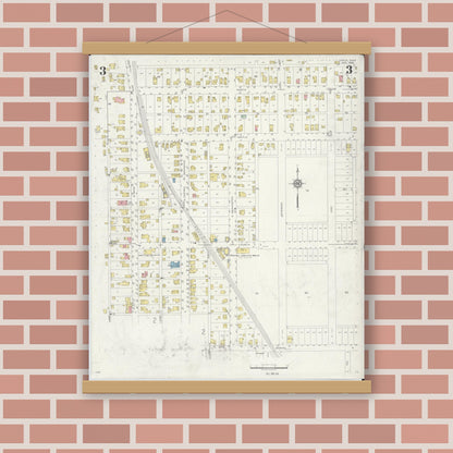 Old map wall art mockup — magnetic wood frame on brick wall — Sanborn Fire Insurance Map from Utica, Licking County, Ohio (1936), Sheet #0003