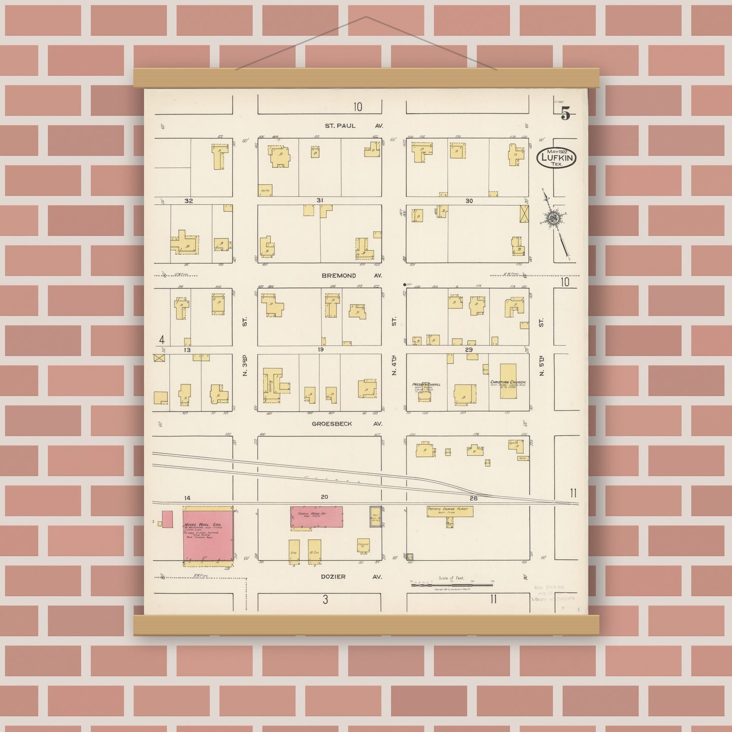 Old map wall art mockup — magnetic wood frame on brick wall — Sanborn Fire Insurance Map from Lufkin, Angelina County, Texas (1922), Sheet #0005