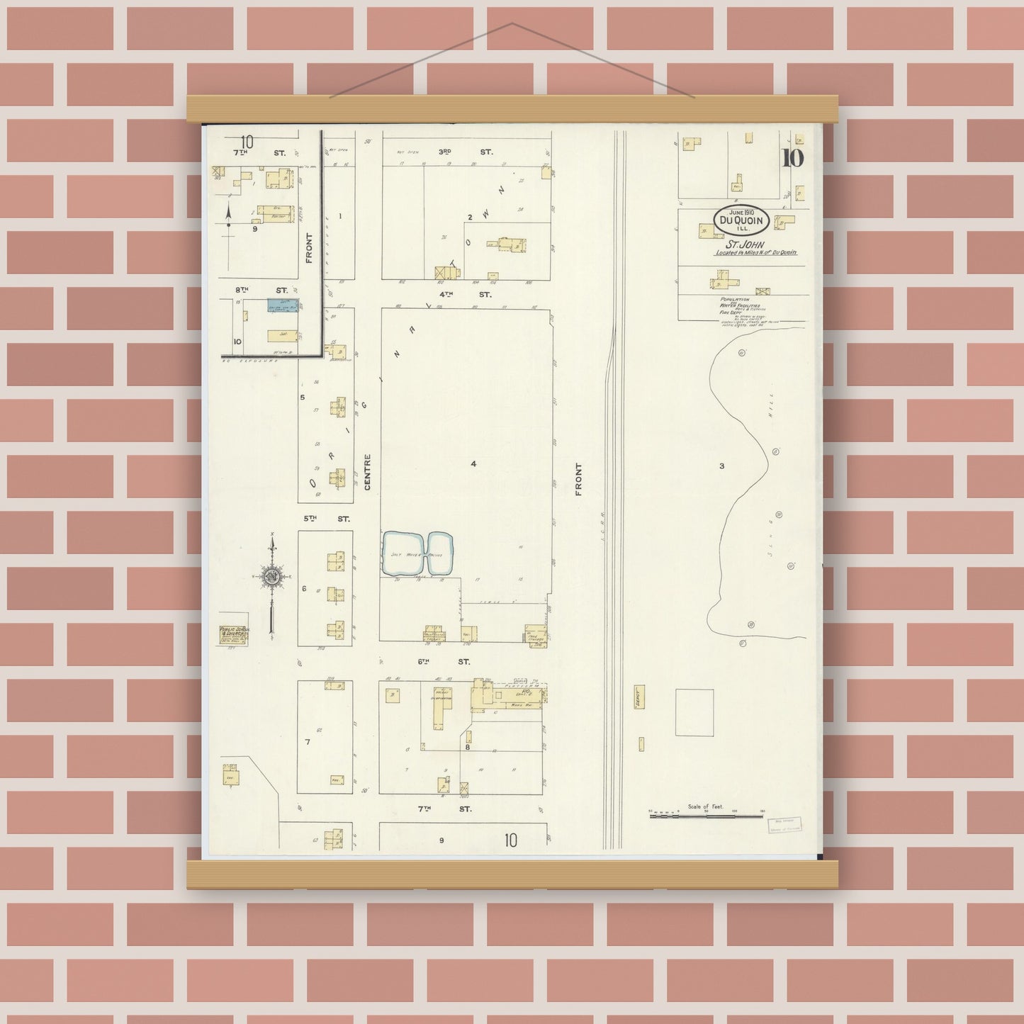 Old map wall art mockup — magnetic wood frame on brick wall — Sanborn Fire Insurance Map from Du Quoin, Perry County, Illinois (1910), Sheet #0010