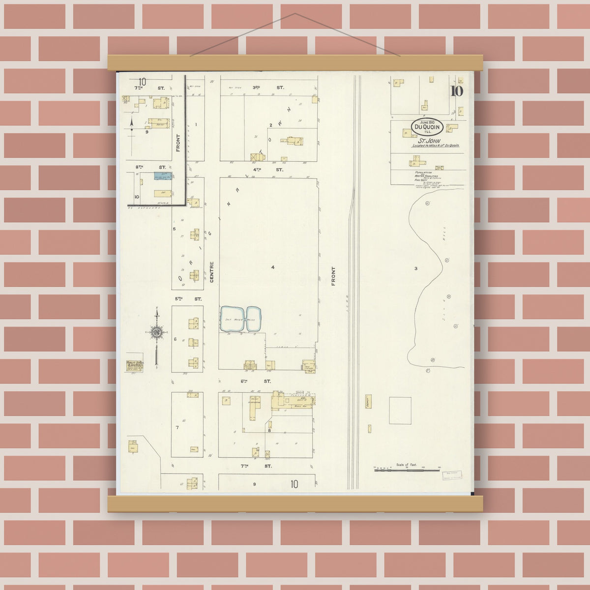 Old map wall art mockup — magnetic wood frame on brick wall — Sanborn Fire Insurance Map from Du Quoin, Perry County, Illinois (1910), Sheet #0010