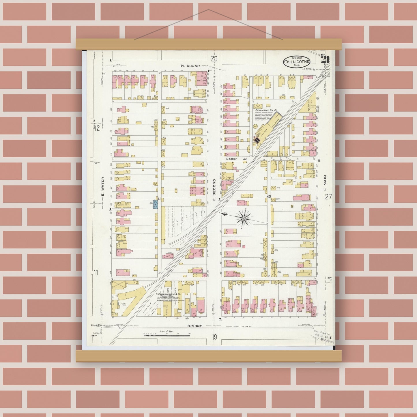 Old map wall art mockup — magnetic wood frame on brick wall — Sanborn Fire Insurance Map from Chillicothe, Ross County, Ohio (1909), Sheet #0021
