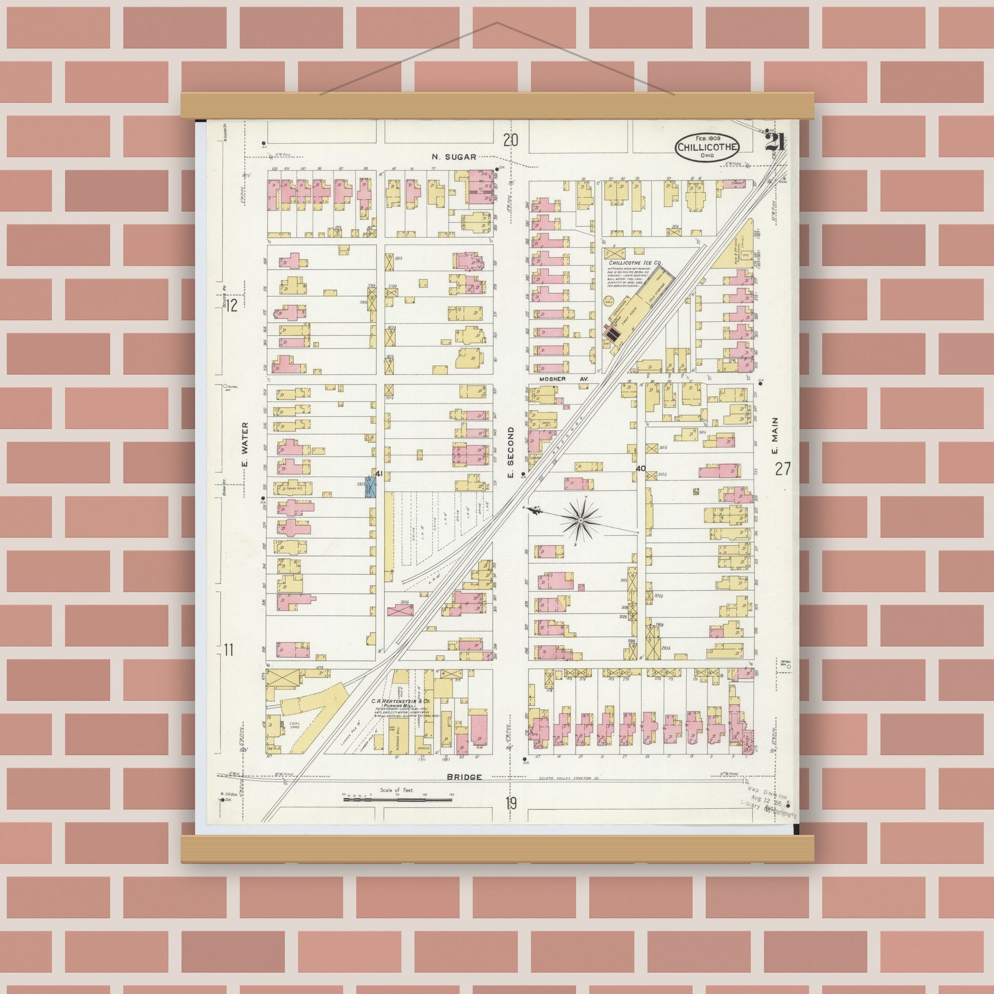 Old map wall art mockup — magnetic wood frame on brick wall — Sanborn Fire Insurance Map from Chillicothe, Ross County, Ohio (1909), Sheet #0021