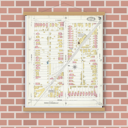 Old map wall art mockup — magnetic wood frame on brick wall — Sanborn Fire Insurance Map from Chillicothe, Ross County, Ohio (1909), Sheet #0021