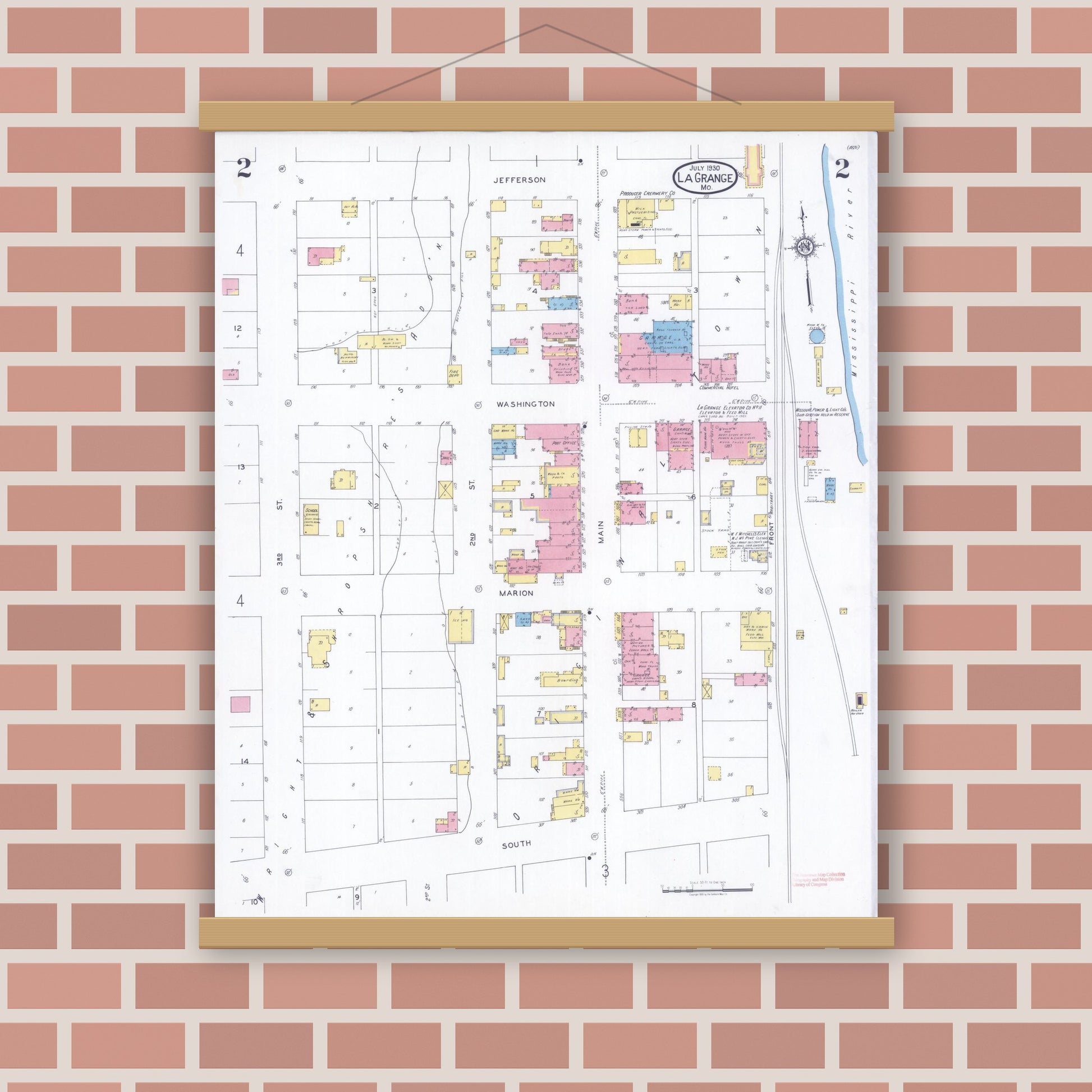 Old map wall art mockup — magnetic wood frame on brick wall — Sanborn Fire Insurance Map from La Grange, Lewis County, Missouri (1930), Sheet #0002