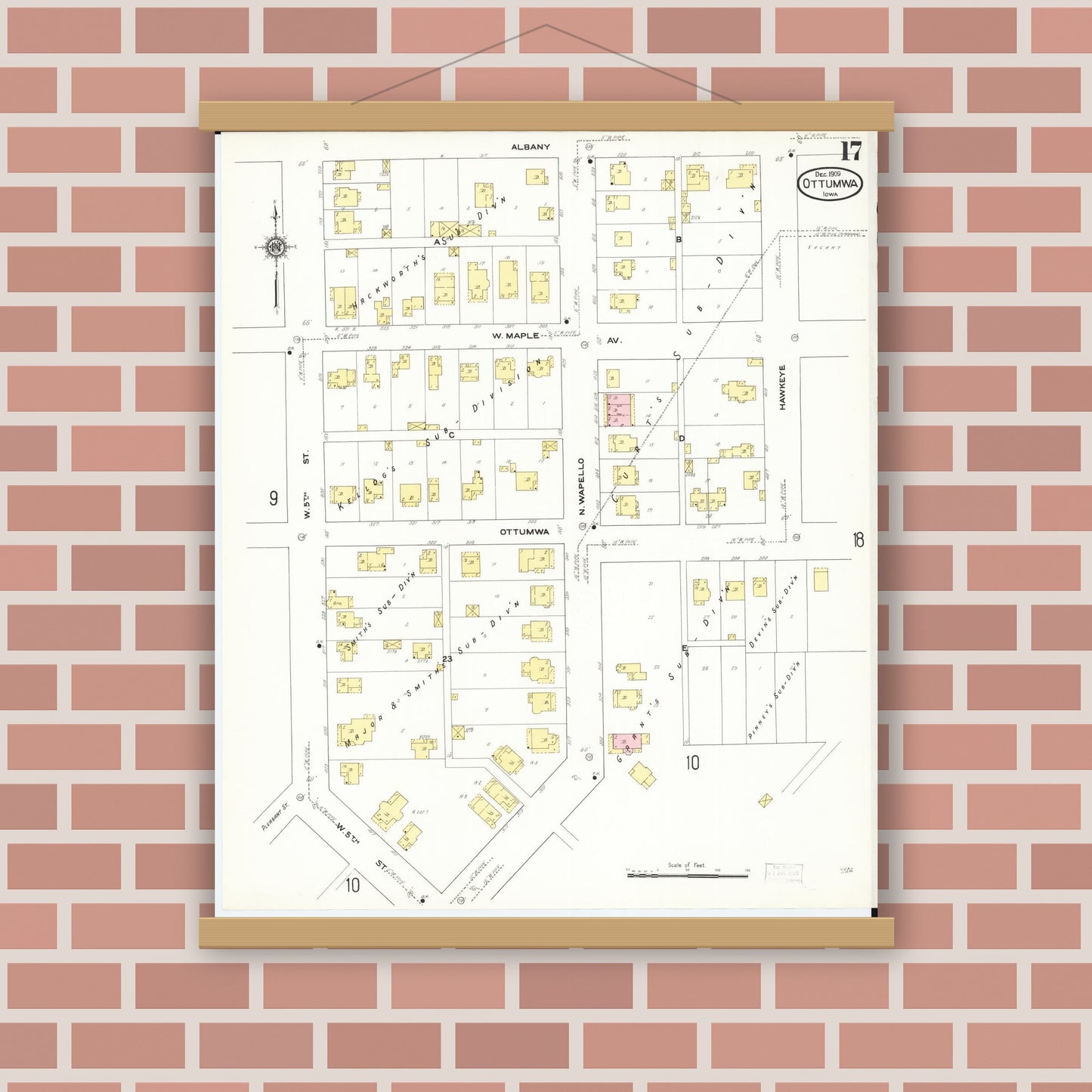 Old map wall art mockup — magnetic wood frame on brick wall — Sanborn Fire Insurance Map from Ottumwa, Wapello County, Iowa (1909), Sheet #0017