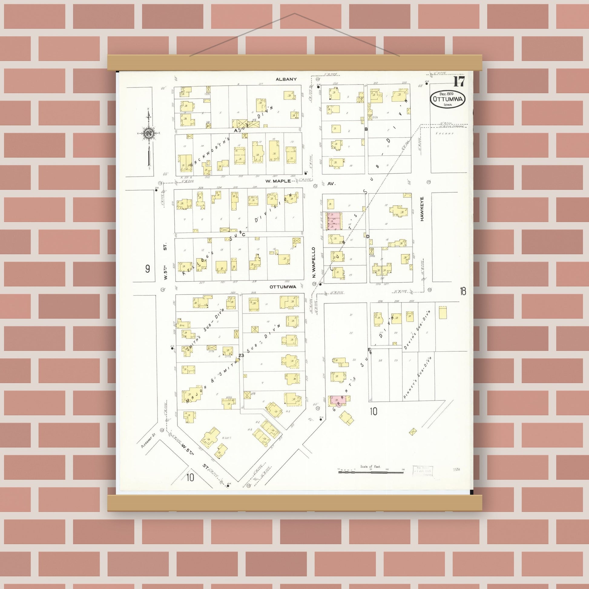 Old map wall art mockup — magnetic wood frame on brick wall — Sanborn Fire Insurance Map from Ottumwa, Wapello County, Iowa (1909), Sheet #0017
