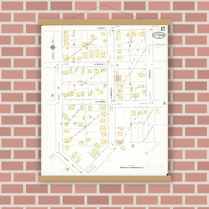Old map wall art mockup — magnetic wood frame on brick wall — Sanborn Fire Insurance Map from Ottumwa, Wapello County, Iowa (1909), Sheet #0017