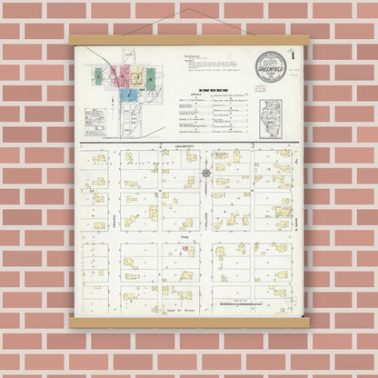 Old map wall art mockup — magnetic wood frame on brick wall — Sanborn Fire Insurance Map from Greenfield, Greene County, Illinois (1914) - Complete Map Set