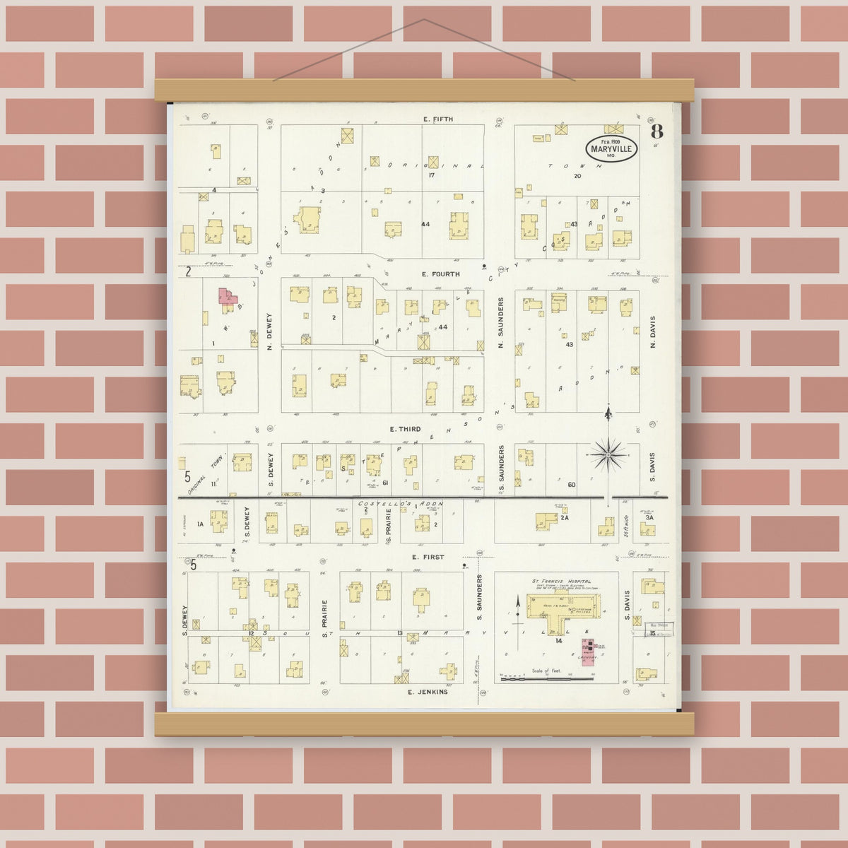 Old map wall art mockup — magnetic wood frame on brick wall — Sanborn Fire Insurance Map from Maryville, Nodaway County, Missouri (1909), Sheet #0008