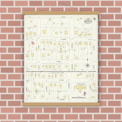 Old map wall art mockup — magnetic wood frame on brick wall — Sanborn Fire Insurance Map from Maryville, Nodaway County, Missouri (1909), Sheet #0008