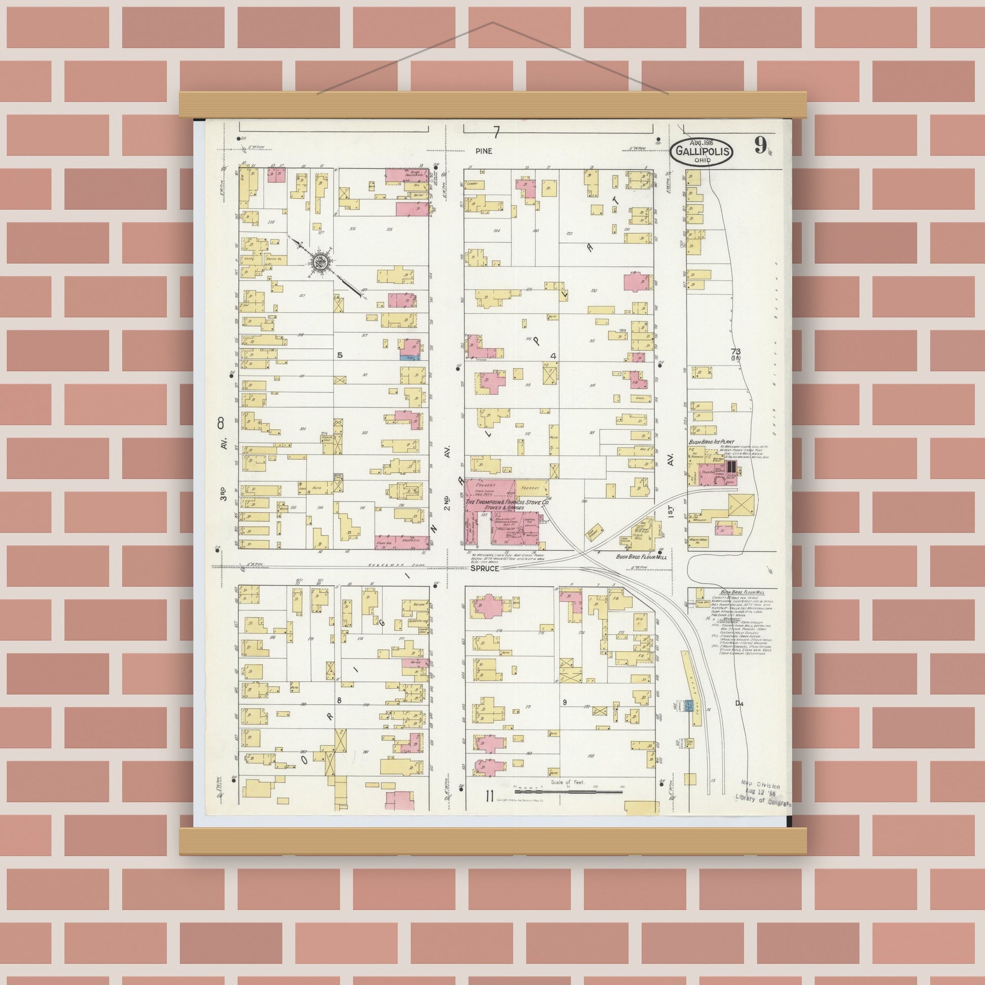 Old map wall art mockup — magnetic wood frame on brick wall — Sanborn Fire Insurance Map from Gallipolis, Gallia County, Ohio (1916), Sheet #0009