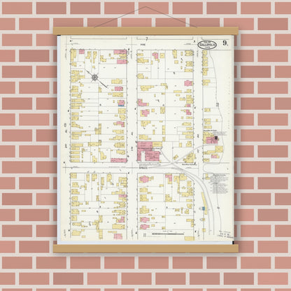 Old map wall art mockup — magnetic wood frame on brick wall — Sanborn Fire Insurance Map from Gallipolis, Gallia County, Ohio (1916), Sheet #0009