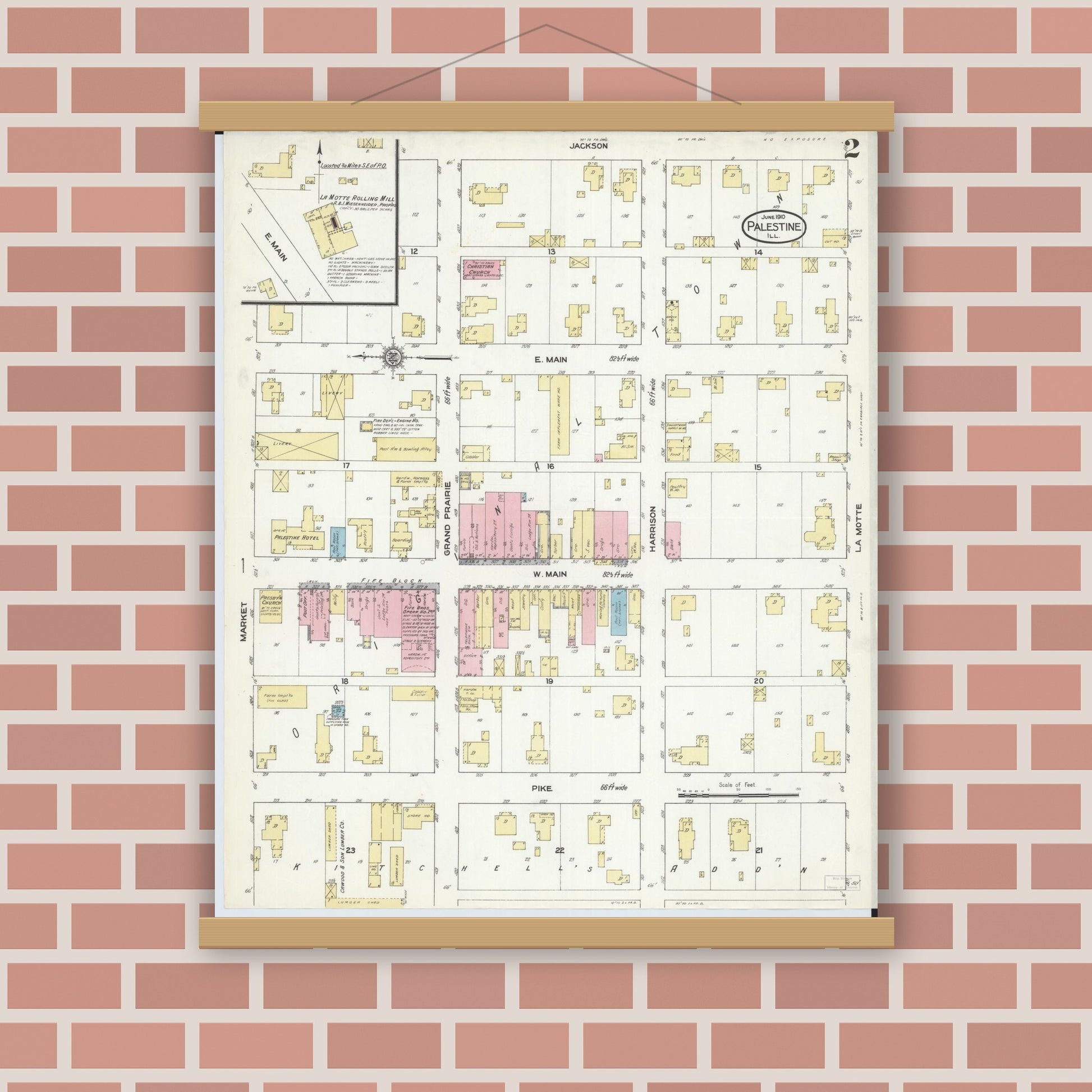 Old map wall art mockup — magnetic wood frame on brick wall — Sanborn Fire Insurance Map from Palestine, Crawford County, Illinois (1910), Sheet #0002