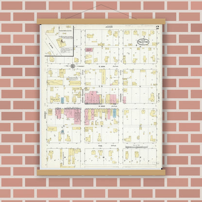 Old map wall art mockup — magnetic wood frame on brick wall — Sanborn Fire Insurance Map from Palestine, Crawford County, Illinois (1910), Sheet #0002