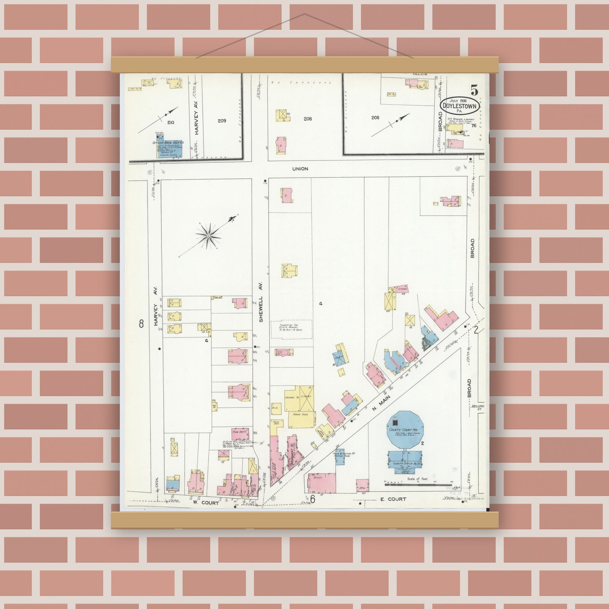 Old map wall art mockup — magnetic wood frame on brick wall — Sanborn Fire Insurance Map from Doylestown, Bucks County, Pennsylvania (1909), Sheet #0005