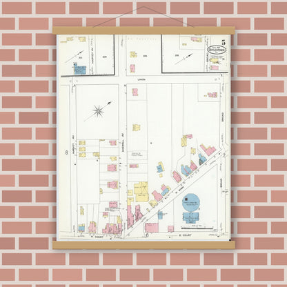 Old map wall art mockup — magnetic wood frame on brick wall — Sanborn Fire Insurance Map from Doylestown, Bucks County, Pennsylvania (1909), Sheet #0005