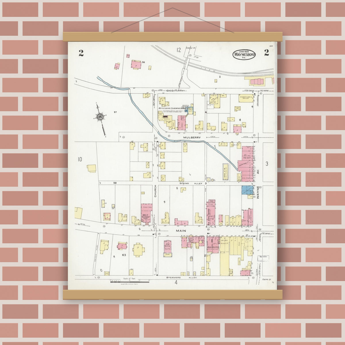 Old map wall art mockup — magnetic wood frame on brick wall — Sanborn Fire Insurance Map from Waynesboro, Independent Cities, Virginia (1925), Sheet #0002