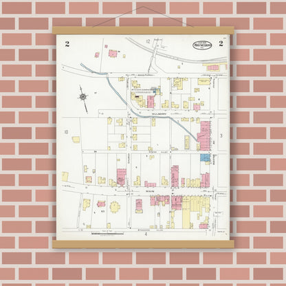 Old map wall art mockup — magnetic wood frame on brick wall — Sanborn Fire Insurance Map from Waynesboro, Independent Cities, Virginia (1925), Sheet #0002