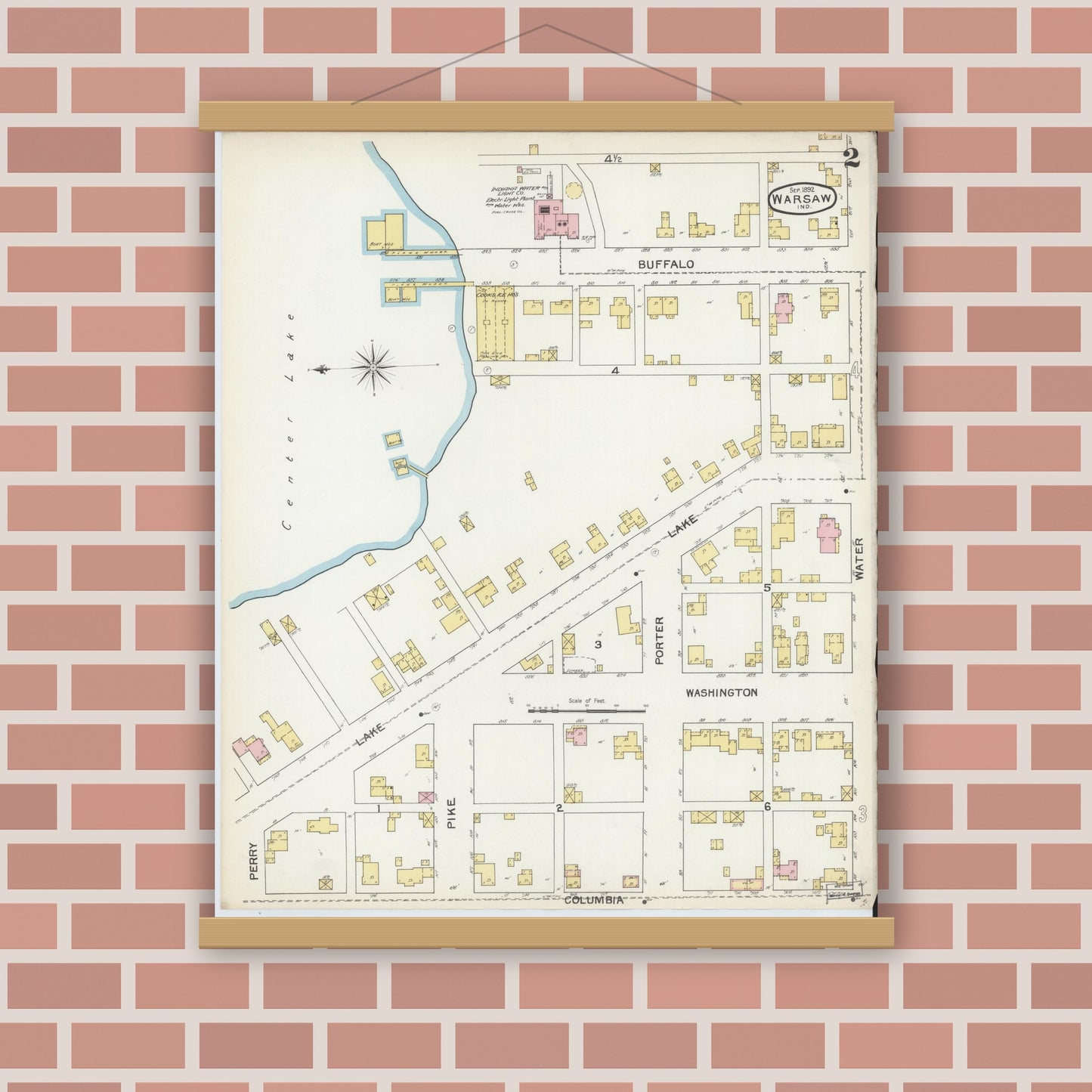 Old map wall art mockup — magnetic wood frame on brick wall — Sanborn Fire Insurance Map from Warsaw, Kosciusko County, Indiana (1892), Sheet #0002