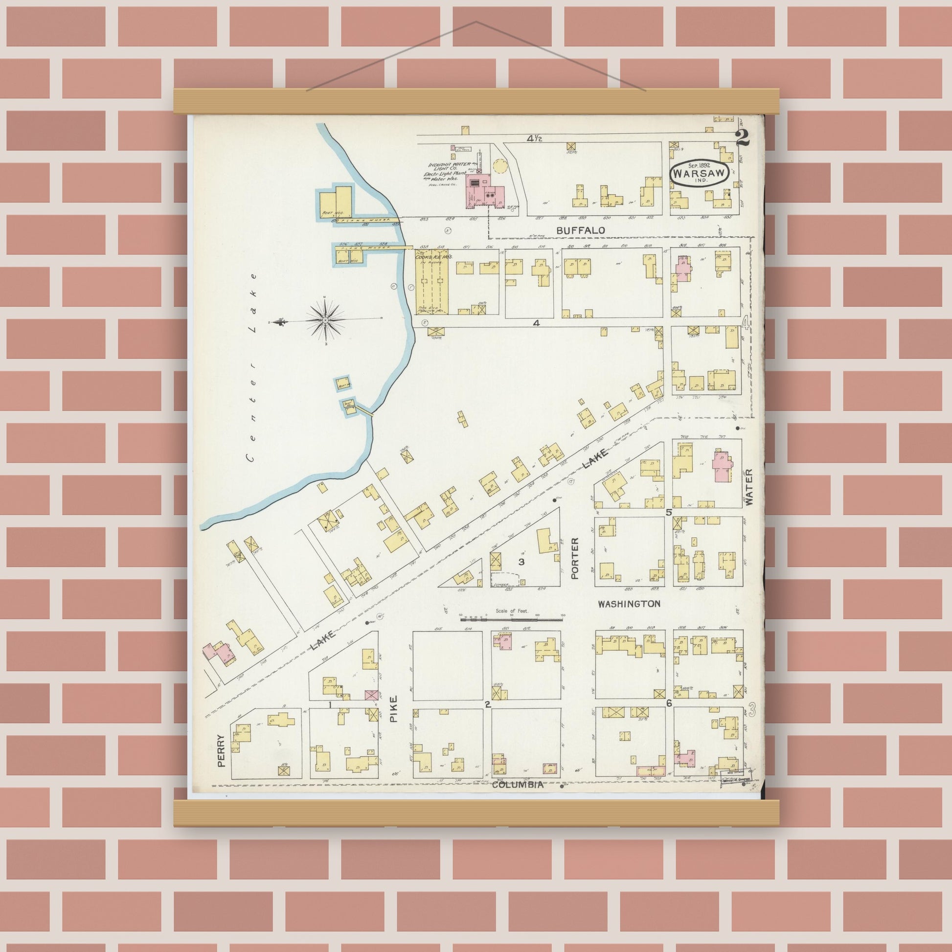 Old map wall art mockup — magnetic wood frame on brick wall — Sanborn Fire Insurance Map from Warsaw, Kosciusko County, Indiana (1892), Sheet #0002