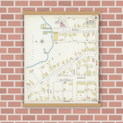 Old map wall art mockup — magnetic wood frame on brick wall — Sanborn Fire Insurance Map from Warsaw, Kosciusko County, Indiana (1892), Sheet #0002